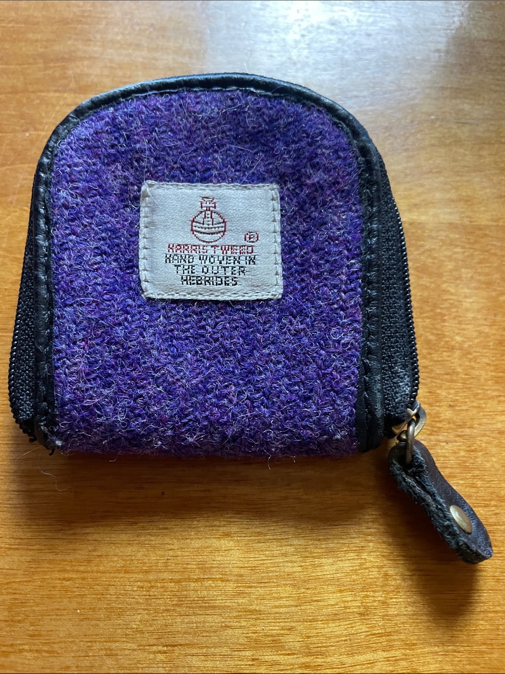 Handcrafted Purple Wool Zip Coin Pouch with Leather Trim